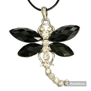 Vtg Dragonfly Necklace Pendant Insect Black Crystal Silver Plated Black Cord 18"